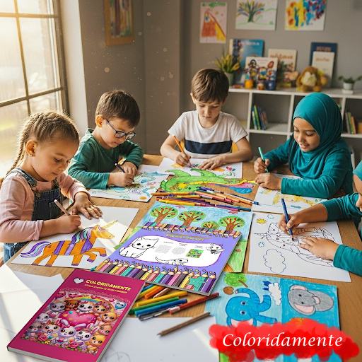 Chicos dibujando y pintando con los libros de coloridamente
