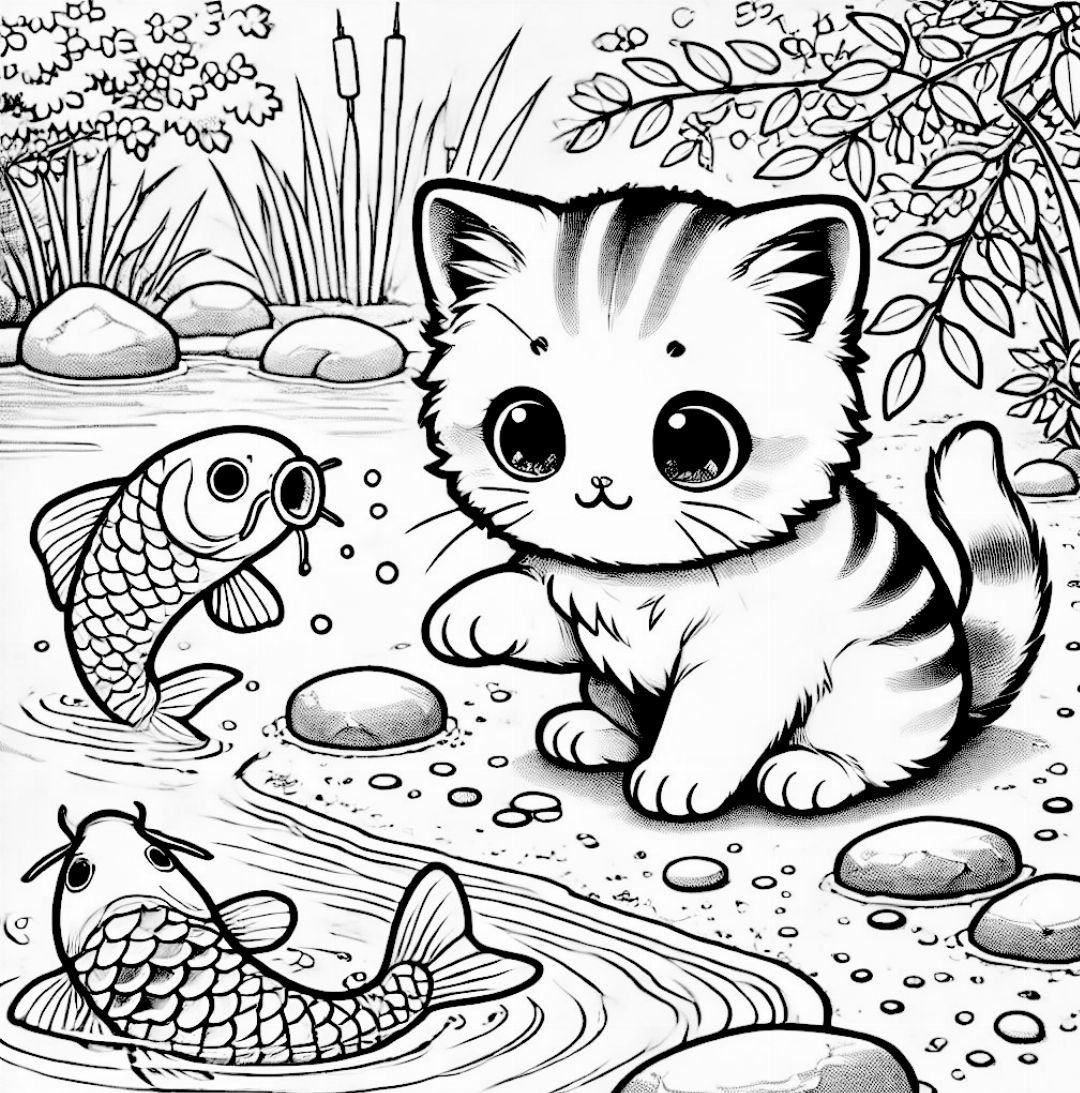 Gatito con peces koi